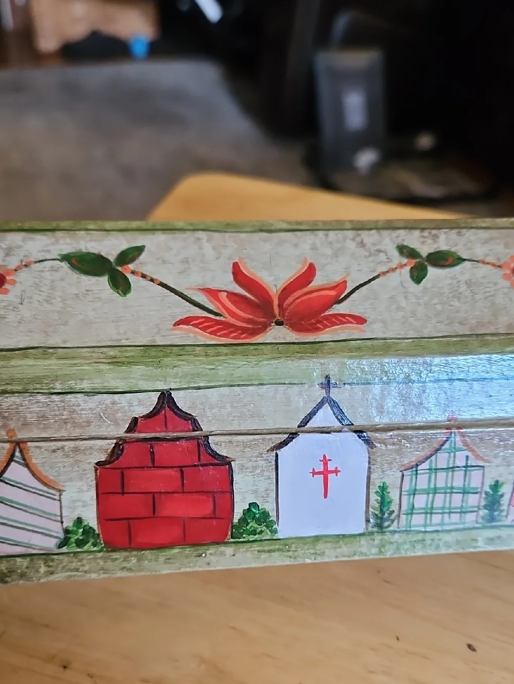 Hand-Painted Floral Wooden Trinket Box in Green and Pink